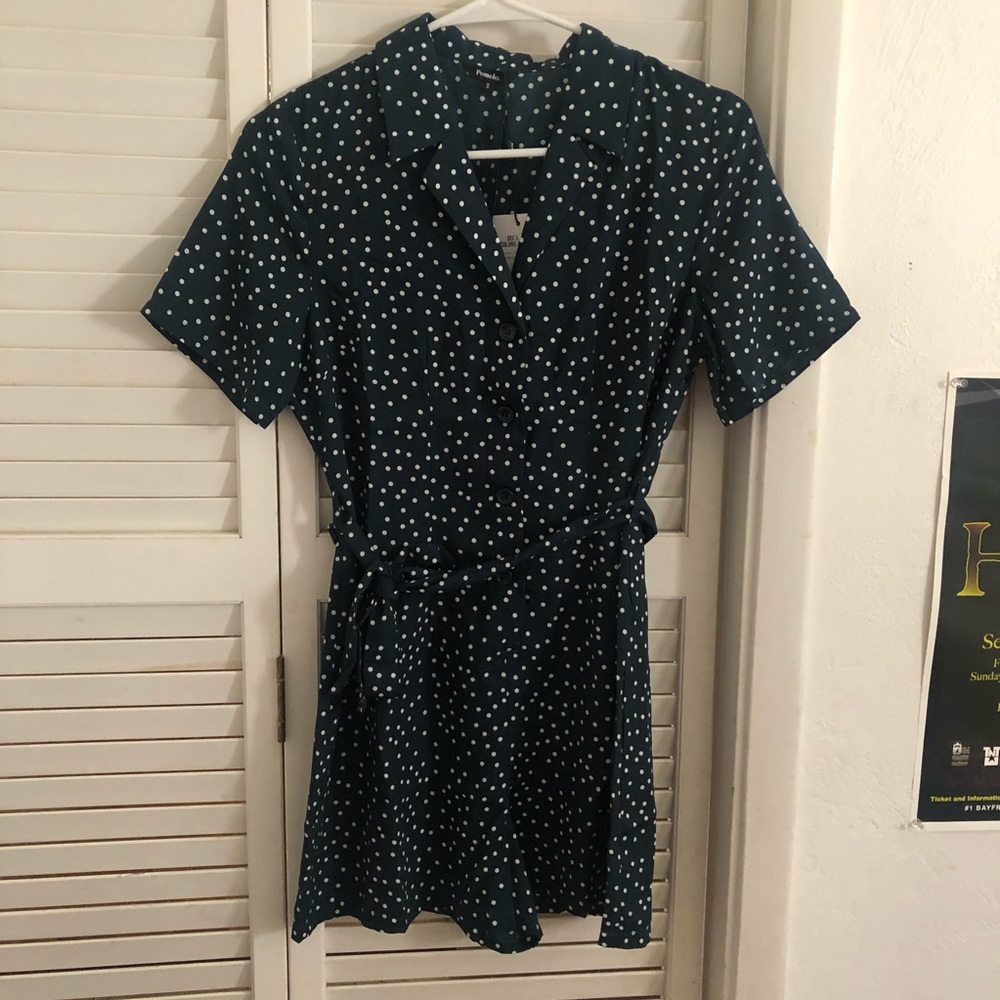 Forest Green Polka Dot Button-Up Collared Romper